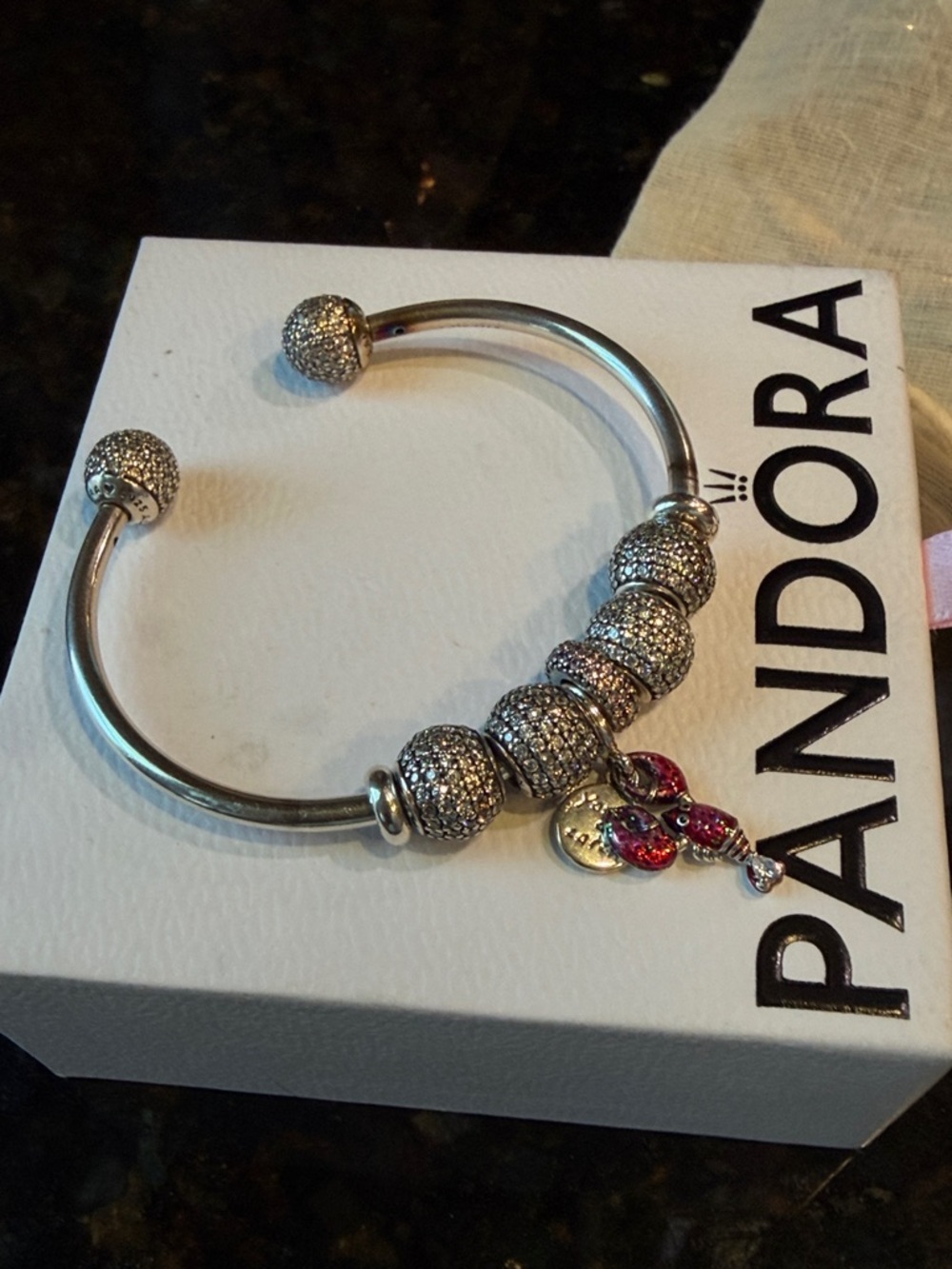 Pandora Silver Pave Bangle with Pink Ribbon Dangle